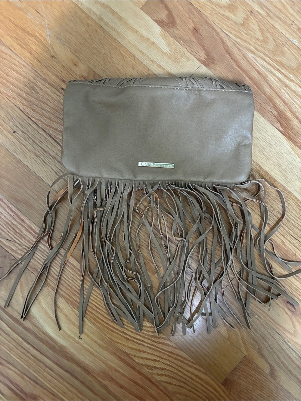 BCBGeneration Taupe Fringe Wristlet Clutch with Gold Plate